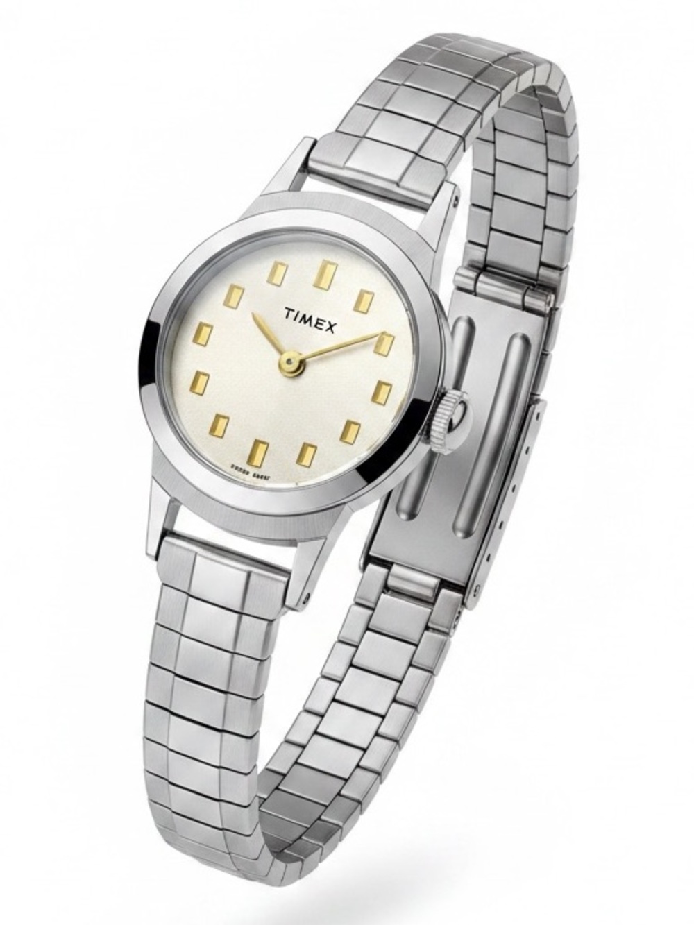 Vintage Timex Silver Stainless Steel Watch with Gold Accents
